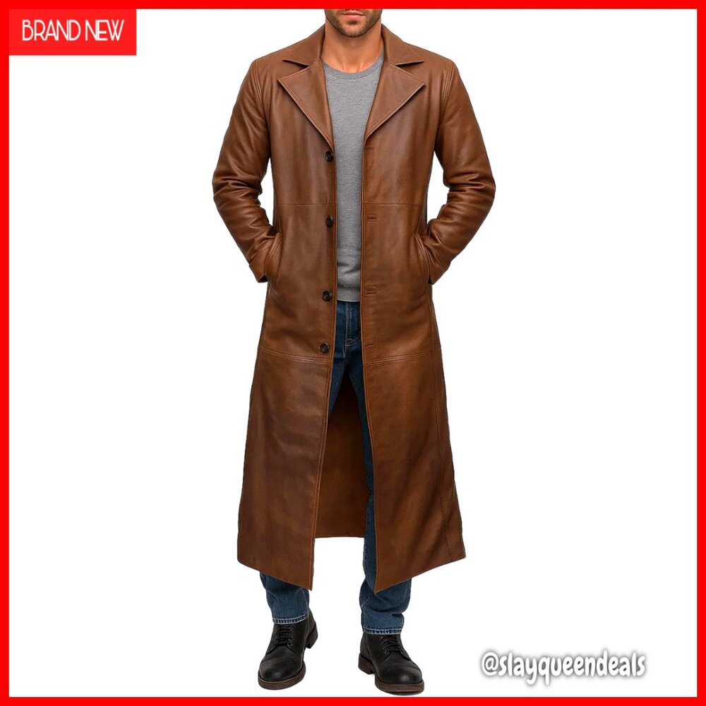 Vintage Double Breasted Leather Trench Coat Officer Military Uniform Jacket